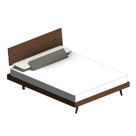 Cama com Base de Madeira Escura, Pés Palito e Cabeceira Separada Vertical