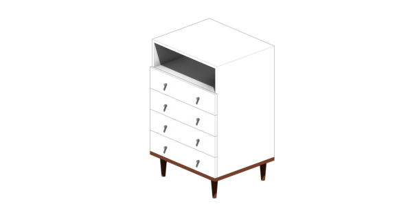 Cômoda de Material Branco com Pé de Madeira Vazado e Quatro Gavetas - Image 3