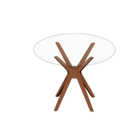 Mesa Circular com Tampo de Vidro, Base de Madeira e Pés Palito